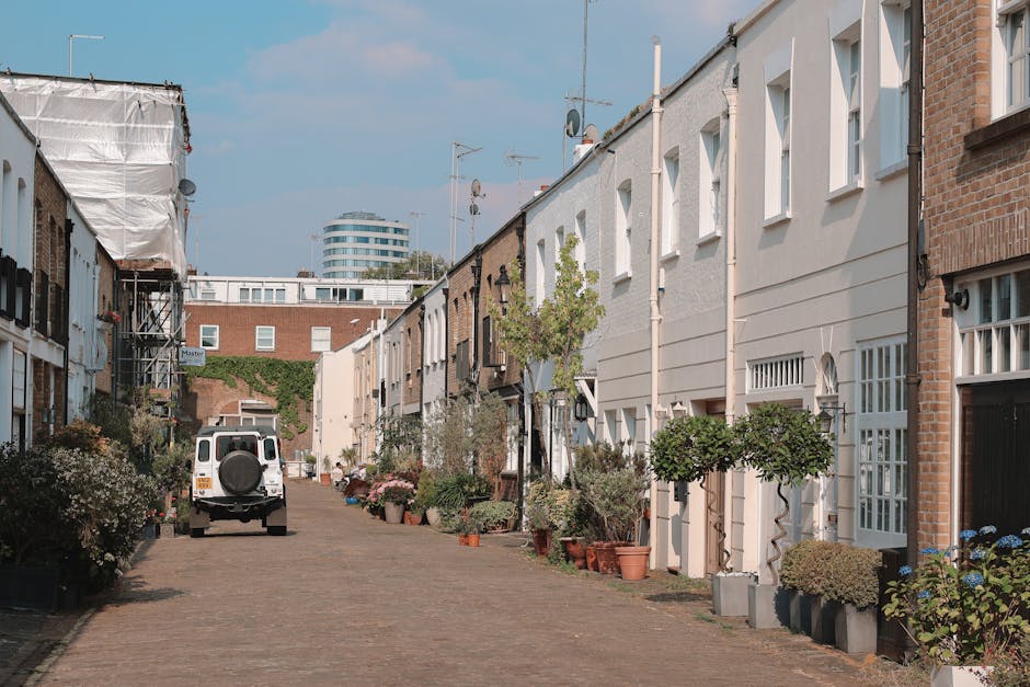 The image shows a quiet, cobbled street lined with modern terraced houses with white and brick exteriors. Potted plants and small trees in various containers are positioned along the front of the home