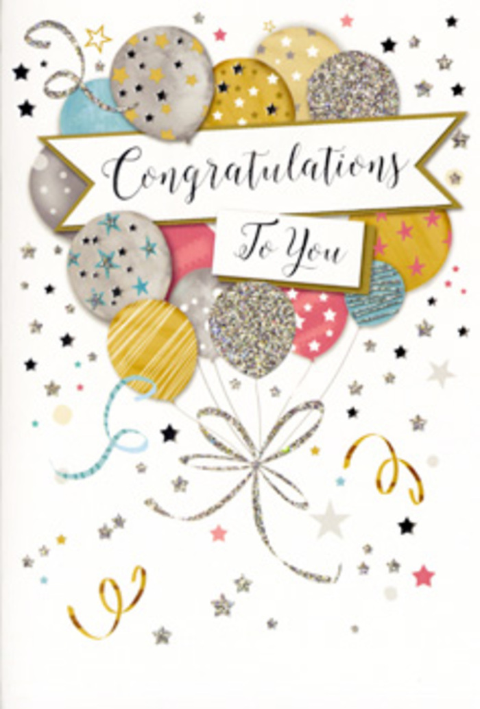 This image shows a beautifully designed congratulations card that looks right at home beside a freshly arranged bouquet in a Pentonville studio. The artwork centres on a cheerful bunch of balloons, illustrated so that they seem to drift upward from the base of the card in a loose, organic cluster. Each balloon is rounded and smooth, coloured in a palette of soft metallic gold, silver, champagne, sky blue, rose pink, and gentle grey, with surfaces lightly dusted in glitter or traced with tiny stars, dots, and stripes. These subtle details give the impression of light reflecting off real foil balloons at a celebration somewhere near Pentonville's quiet side streets and leafy pockets. Thin cords and curling ribbons in gold and silver trail from the base of the balloons, entwining like elegant stems of a floral bouquet, bringing harmony to the whole composition. Behind and around this central cluster, delicate stars, tiny speckles, and swirling lines dance across a pale, almost creamy background, reminiscent of confetti lingering in the air after a toast. A refined banner flows across the middle, its edges curling softly as it carries the message Congratulations in graceful script, balanced perfectly between festive and formal. The overall mood is one of polished joy-radiant without being overwhelming, ideal for marking proud milestones such as exam results, new jobs, or personal achievements. It's easy to picture this card accompanying flowers delivered across Pentonville, from bustling corners near King's Cross to quieter residential streets, bringing a sense of shared pride and glittering, heartfelt celebration.