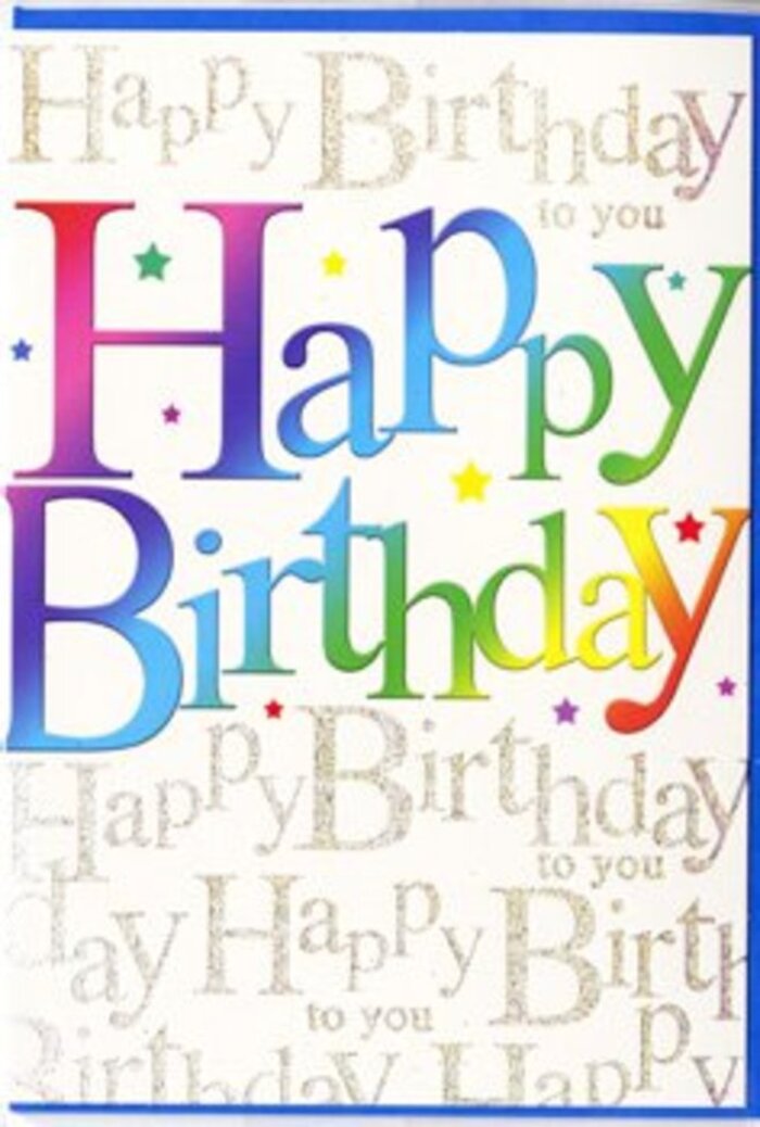 The birthday card in this image feels like a little burst of happiness waiting to be given, captured in the soft indoor light you might find in a cosy Pentonville living room. The central focus is the large, friendly Happy Birthday greeting printed in a full rainbow of colour, each letter shaded as though brushed with watercolour. The colours flow from deep raspberry red through coral and marigold into leafy green, ocean blue, and royal purple, recalling the varied tones of flowers along the walk from Pentonville to nearby Islington. The lettering has a gentle curve and a smooth, slightly glossy surface that suggests a premium card stock, the kind that feels substantial when you hold it. Behind this lively message, the entire background is filled with repeating lines of delicate gold script that quietly echo Happy Birthday to you. The handwriting-style text curls and loops gracefully, forming a soft, lyrical pattern that looks almost like music moving across the page. The metallic gold catches the light in subtle flashes-never glaring-adding a touch of luxury, like sunlight glancing off the windows of the old buildings around Pentonville. Scattered lightly across the design, there are tiny star-shaped accents and minuscule specks of colour, mimicking confetti drifting down after a toast. The overall palette balances bright, youthful tones with an elegant shimmer, making the card perfect for pairing with a colourful birthday bouquet delivered locally. It conjures up the feeling of walking into a surprise celebration, where every detail-from the card to the flowers on the table-has been chosen with warmth and care.