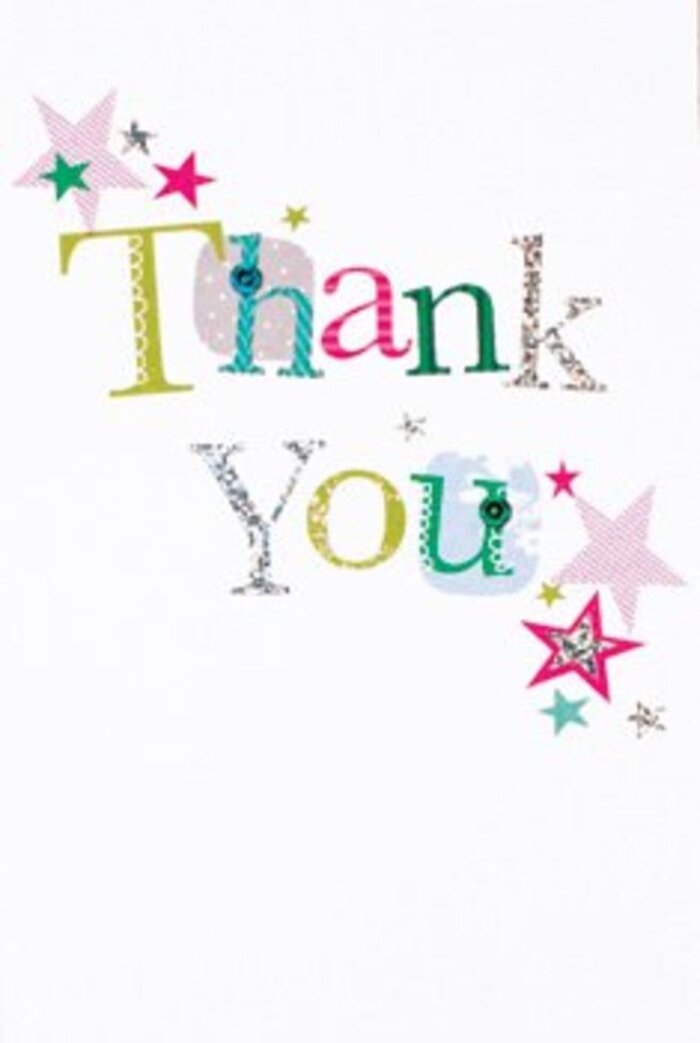 There is a quiet sophistication underpinning the thank you card's exuberant style, its design evoking moments familiar to anyone living near Pentonville's bustling shops and tranquil parks. The typography forms a flowing arrangement, each letter with its own unique flair-some curving smoothly with whimsical spots, others bearing graceful stitched motifs and shimmering softly in metallic silver. The words themselves feel like a gentle chorus, their varying shapes and hues-sunlit greens, peony pinks, serene aquas-capturing the essence of heartfelt appreciation. Near the message, radiant stars cluster in groups, their sparkling stripes in pink and turquoise, and soft silver gleams, recalling the festive buzz of local street fairs along Penton Street. The card's pristine white background creates an airy, modern composition-open and uncluttered-so that every shade and embellishment can fully shine. The tactile experience is equally refined; a subtle raised texture conveys the charm of artisan card-making, echoing the bespoke arrangements crafted by Pentonville's expert florists. The overall feeling is universally warm-a design that never feels too grand or too casual. This thank you card would pair beautifully with a lush bouquet for any occasion-a gesture that's as uplifting and memorable as conversations shared over coffee in a local café, offering gratitude with the same elegance and sincerity as fresh-cut flowers.