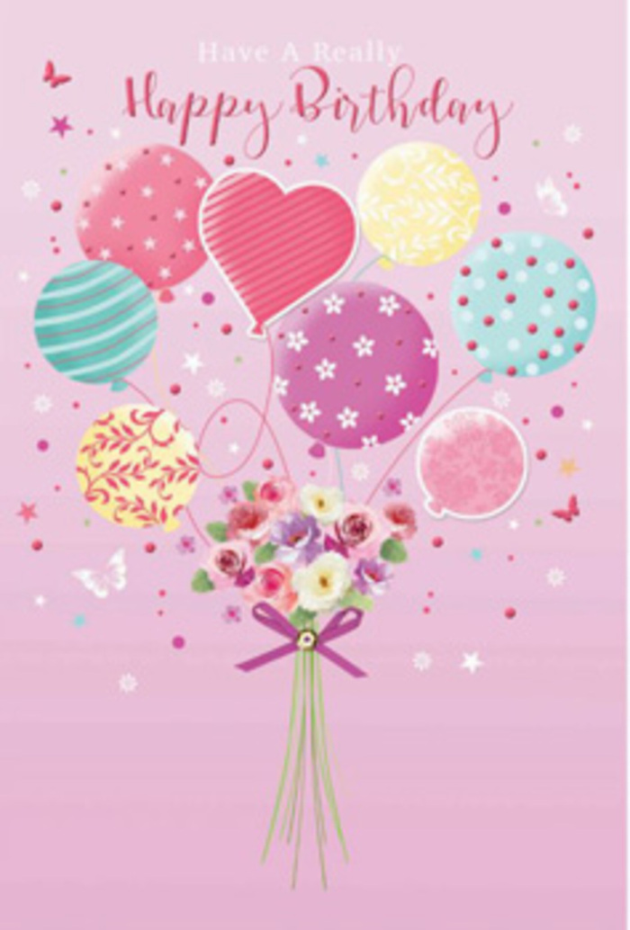 This detailed birthday design captures the feeling of a light, cheerful celebration floating above the streets of Pentonville, like a bouquet carried by the breeze over the canal near King's Cross. The scene is set against a soft pink background that feels warm and welcoming, reminiscent of early evening light. Rising from the lower centre, a cluster of pastel balloons hovers gracefully, their strings converging at the base where they meet a hand-tied floral bouquet. The balloons vary in shape and decoration: some are round and plump with candy-coloured stripes spiralling around them, others are dotted with playful polka patterns, and a prominent heart-shaped balloon glows at the centre, radiating affection in gentle shades of blush and lavender. Each balloon is rendered with a glossy sheen that catches the light, creating highlights that make them appear buoyant and weightless. Below, the bouquet itself is composed of delicate roses and daisy-like blooms in creamy ivory, soft pink, and muted mauve. The petals are finely textured, as if you could feel their velvety surface beneath your fingertips, with subtle shading that suggests they have just been opened by a careful hand in a nearby Pentonville flower studio. Tied around the stems is a pretty purple bow, its satin loops shimmering slightly, adding a polished finishing touch. Scattered around the arrangement are tiny stars and light butterfly shapes, giving the impression of soft movement and quiet magic. The composition feels both whimsical and refined, like a birthday card chosen with genuine thought for someone living along Pentonville Road or near Caledonian Road, conveying not only celebration but also a sense of being cherished and remembered.