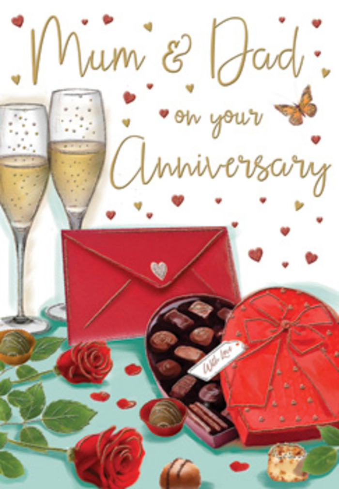The illustrated anniversary card portrays a richly detailed celebration scene, as though a small table in a Pentonville townhouse has been transformed into a tribute to lasting love. In the foreground, two sumptuous red roses lie side by side, their petals lavishly layered and almost touchable, framed by a cluster of lush green leaves that suggest they have just been placed there by a careful hand. To their right, a generous heart-shaped box of chocolates sits invitingly open, the curved edges of the box outlined in deep red, with bite-sized chocolates nestled inside like tiny treasures. A bold ribbon, tied into an extravagant red bow, overlays the lid, its satin texture implied by the delicate shading. Behind this, a pair of tall champagne flutes stand close together, filled with pale golden fizz; tiny, rising bubbles are captured mid-motion, giving a sense of anticipation, like the moment before a toast in a quiet Pentonville kitchen after an evening stroll around nearby Barnsbury. Floating across the card are small gold and crimson hearts, some solid, some softly shimmering, which frame the hand-written dedication to Mum & Dad, lettered in an affectionate, flowing script that feels personal rather than formal. A scarlet envelope lies at one side, sealed and angled toward the viewer, its vibrant shade echoing the roses and ribbon, hinting at loving words inside. Warm, glowing tones wash over the entire composition, evoking the comforting blend of rose fragrance, champagne sparkle, and the sweet promise of shared chocolates. It feels like a scene composed by someone who understands the quiet, enduring romance that many Pentonville families share year after year.