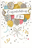 Displayed as though resting beside a hand-tied bouquet in a local Pentonville shop, this congratulations card captures a scene of delicate festivity. At the heart of the design, a bouquet of balloons billows upward, rendered in soft, rounded shapes that feel almost three-dimensional against a pale, neutral background. The colours are gentle yet celebratory: brushed gold, muted silver, champagne beige, airy sky blue, warm blush pink, and soft grey, many of them dusted with fine glitter or decorated with miniature stars, subtle stripes, and confetti-like dots. These details create the illusion of light glancing off metallic surfaces, like balloons shimmering in the window of a party on a quiet street off Pentonville Road. Slender, looping ribbons in gold and silver tumble down from the balloons, curling gracefully as if caught in a light indoor breeze, visually tying the entire composition together. Around the balloons, scattered stars and flowing swirls echo the carefree energy of a small celebration, not unlike the feeling of stepping out of a successful interview or exam and walking through Pentonville with a quiet smile. A softly unfurled banner runs across the centre of the card, bearing the word Congratulations in elegant, flowing calligraphy that feels warm and sincere rather than formal or stiff. The mood is bright, proud, and gently sparkling-perfect for pairing with fresh flowers sent across Pentonville and nearby Islington to mark life's standout moments, from graduations and promotions to those personal victories that deserve a little extra light and colour.