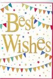 The image shows a jubilant Best Wishes card that feels as if a local Pentonville street party has been distilled into a clean, modern design. In the centre, the greeting Best Wishes is written in sweeping golden script, each letter broad and fluid, with a glittering embossed finish that suggests a slightly raised, sparkling texture. The gold glows warmly against the bright white background, immediately drawing the eye and setting a tone of heartfelt celebration rather than loud novelty. Above the phrase, and again below it, strands of colourful bunting arc gracefully, like decorations draped from one townhouse to another along a side street off Pentonville Road. Each small triangular flag is painted in vivid shades-cobalt blue, cherry red, citrus orange, emerald green, and soft pink-and many are adorned with charming patterns: rows of neat dots, slanting stripes, and tiny tile-like shapes that hint at a hand-illustrated style. Sprinkled around these bunting lines are minute stars and confetti dots, scattered loosely as if thrown joyfully into the air, adding sparkle and a sensation of gentle movement without overwhelming the calm white space. The overall arrangement feels carefully balanced and easy to read, with the golden words kept perfectly clear while still surrounded by festive detail. This is the sort of congratulations card we might pair with a bright bouquet going out to celebrate a new job, a house move, or exam success somewhere across Pentonville and the neighbouring streets. The design carries a mood of genuine cheer, quiet pride, and supportive warmth, as though the card itself is standing in the crowd, applauding the person you're sending it to.