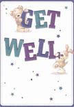 The joyful charm of this get well card radiates a sense of playfulness and comfort, much like the little courtyards tucked away near Pentonville's leafy squares. At the center, a beaming teddy bear balances atop the word 'GET,' while a sprightly puppy wraps around the bold 'WELL,' each character rendered with expressive warmth and round, gentle forms. Hues of deep indigo and soft teal spill across the large letters, their vibrancy sparking instant hope against the clean, creamy background. Scattered stars shimmer in shades of blue and violet, adding a sense of magic and possibility that hints at wishes carried on the wind through local streets. The illustrated, downy fur of the bear and the dog's velvet-soft ears feel almost tangible, offering the promise of comfort one might seek from a much-missed friend or a bouquet delivered with care. Each brushstroke is composed with the same attention and artistry as a thoughtfully arranged get well posy from a Pentonville florist - designed to uplift, reassure, and provide a moment of levity. The overall atmosphere is light, sincere, and quietly optimistic: an emotional balm perfect for families, neighbours, or anyone in need of gentle encouragement during recovery. This image - like the caring community it reflects - is a message of hope, waiting to brighten someone's day.
