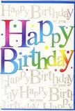 In this image, the birthday card is presented as though freshly picked from a display stand in a Pentonville boutique, its design glowing with cheerful sophistication. Dominating the front is the phrase Happy Birthday, printed in generous, rounded capitals that transition smoothly through a full spectrum of colour, starting with rich crimson and moving through sunset orange, golden yellow, bright lime, cool turquoise, and regal indigo to plum. The gradient effect gives each letter depth, making the message look almost three-dimensional, like colourful marquee lights welcoming guests to a party just off Pentonville Road. Behind the main wording, the background is an elegant field of luminous cream, entirely overlaid with repeating lines of cursive script in metallic gold that read Happy Birthday to you. The script flows in relaxed, sweeping lines, its gentle shimmer catching the light with each imagined tilt of the card, suggesting a refined, almost keepsake quality. Tiny, softly blurred dots and occasional starbursts of colour sit between the letters, evoking tossed confetti or distant fairy lights at a birthday gathering in a local Pentonville restaurant. The surface appears smooth and slightly reflective, as though finished with a light gloss that enhances the colours without making them harsh. Together, the rainbow lettering and golden script create a mood of joyful celebration mixed with tenderness, ideal for accompanying a hand-delivered bouquet and cake. It feels like a card chosen with intention, something that will stand proudly on a mantelpiece or windowsill, catching glances and smiles each time someone passes by.