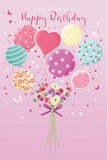 A whimsical birthday bouquet floats at the centre of this illustration, as though it has just been released above a quiet Pentonville courtyard and caught mid-drift. The background is a gentle blush pink, wrapping the entire scene in a soft, celebratory glow. From the base rises a delicate hand-tied bundle of flowers: petite roses and anemone-like blooms in creamy ivory, tender blush, and muted mauve, each petal carefully shaded to show folds, curves, and a velvety texture. Their colours blend harmoniously, echoing the dreamy tones seen in the balloons hovering above. These balloons, done in light pastel hues of sea green, sunshine yellow, rose pink, and lavender, dance upward with an airy rhythm. Some wear playful polka dots, others swirl with candy stripes, and one stands out as a heart-shaped balloon, placed near the centre to suggest love and affection. All appear slightly glossy, reflecting soft highlights that make them feel touchably real. The balloon strings gather neatly into the bouquet, where a violet satin bow cinches the stems, its loops and tails curling with an elegant flourish. Tiny stars and subtle butterfly shapes are scattered around, evoking the lightness of a spring afternoon stroll along Pentonville Road when the air is bright and full of possibility. The scene conveys the fragrant sweetness of freshly arranged blooms, the gentle rustle of ribbons, and the quiet thrill of being celebrated. It transforms a simple birthday greeting into a tender gesture, as though a local florist has captured joy, affection, and a sense of place in one floating, unforgettable moment.