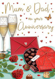 This anniversary card illustration captures a moment of intimate celebration, as if set for devoted parents enjoying a special evening together in Pentonville. Prominent in the foreground are two rich red roses, fully open and softly shaded, their petals layered in generous folds that hint at a florist's practiced eye for freshness and detail. Their surrounding green leaves provide a vivid contrast, adding a sense of natural abundance to the scene. Just alongside rests an open heart-shaped chocolate box, its deep red casing cradling an assortment of glossy chocolates, each nestled in its own little compartment. A luxurious red bow, tied across the lid, arches in wide loops, suggesting the feel of smooth satin ribbon between the fingers. Behind this, two slender champagne flutes stand in quiet harmony, filled with pale, golden liquid alive with tiny bubbles rising to the surface, ready for a gentle clink in a cosy living room off Pentonville Road. Soft gold and crimson hearts drift across the background, framing the tender, hand-lettered greeting to Mum & Dad in a script that feels personal and heartfelt. A bright red envelope, angled slightly as though just placed down, offers a silent promise of loving words and cherished memories written inside-stories of anniversaries, family meals, and shared laughter around local Pentonville streets. The palette is warm and romantic, filled with scarlet reds, shimmering golds, and mellow creams, suggesting evening light and a relaxed, homely atmosphere. Altogether, the card feels like a carefully curated vignette of love, indulgence, and gratitude, echoing the kind of anniversary gifts and floral surprises that often accompany family celebrations in this part of London.